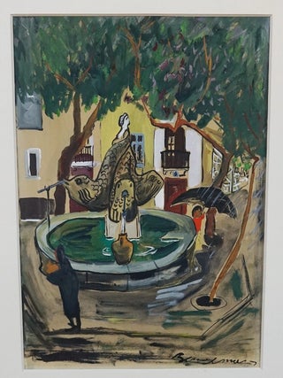 LUDWIG BEMELMANS ORIGINAL GOUACHE PAINTING~"PLAZA FOUNTAIN"~By "Madeline" author