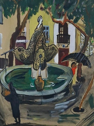 LUDWIG BEMELMANS ORIGINAL GOUACHE PAINTING~"PLAZA FOUNTAIN"~By "Madeline" author