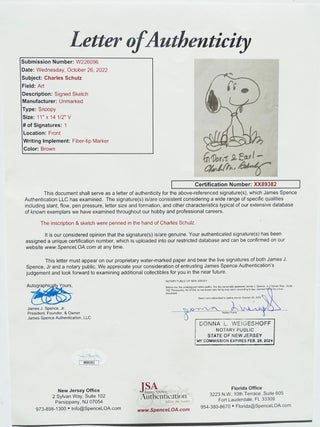 CHARLES SCHULZ ORIGINAL SIGNED SNOOPY DRAWING ~W. LOA.CERT