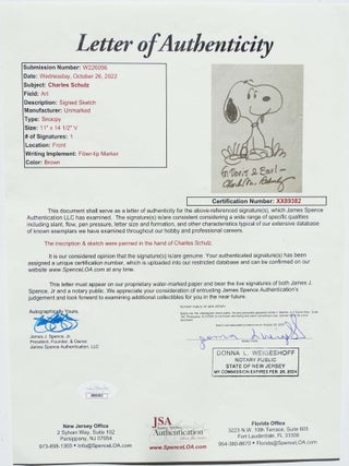 CHARLES SCHULZ ORIGINAL SIGNED SNOOPY DRAWING ~W. LOA.CERT