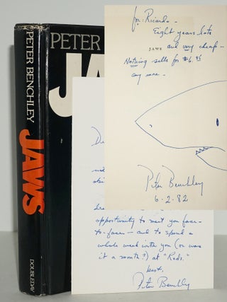 Item #3235 JAWS (Presentation copy Benchley signed inscription with large Shark drawing, and...